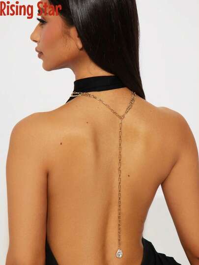 1条复古简约女士颈链+性感流苏后链，时尚个性Y形链条，可作项链、后链佩戴，镶嵌水滴形水钻吊坠，适合搭配派对礼服和露背装。