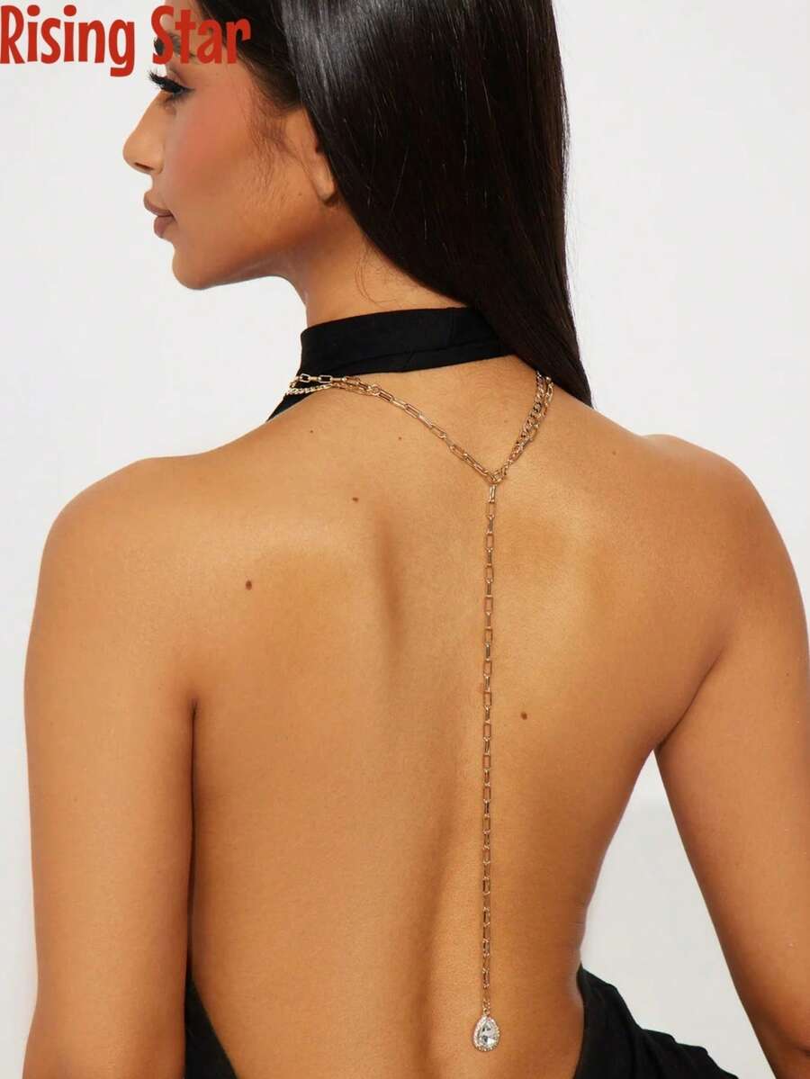 1条复古简约女士颈链+性感流苏后链，时尚个性Y形链条，可作项链、后链佩戴，镶嵌水滴形水钻吊坠，适合搭配派对礼服和露背装。 - 金色 - 查看 1