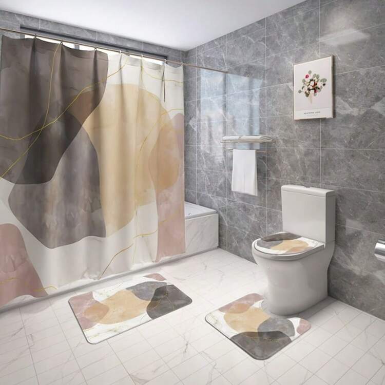 1/4 Piece Bathroom Curtain Set, Includes Shower Curtain, Bath Mat, Toilet Lid Cover And 12 Hooks - Abstract Block Anti-Slip Design - Polyester Fabric Bathroom Curtains - Perfect Housewarming Gift - A - View 7