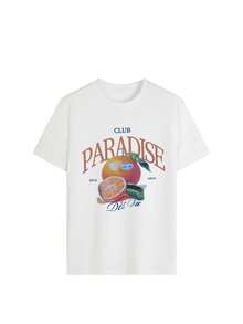 Nova blusa feminina de verão "PARADISE" com estampa gráfica em estilo de pintura a óleo laranja, - Branco - Ver 2