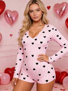 Women Valentine's Day Love-Themed Striped One-Piece Pants/Tights - 粉色 - 查看 3
