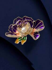 优雅的中国风牡丹花胸针，高端蝴蝶珐琅领针配饰 - 紫色 - 查看 3