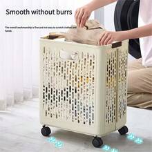 Cream White Foldable Laundry Basket With Wheels, Hollow Out Breathable Rolling Hamper For Dirty Clothes Storage - Beige 1PC - View 2