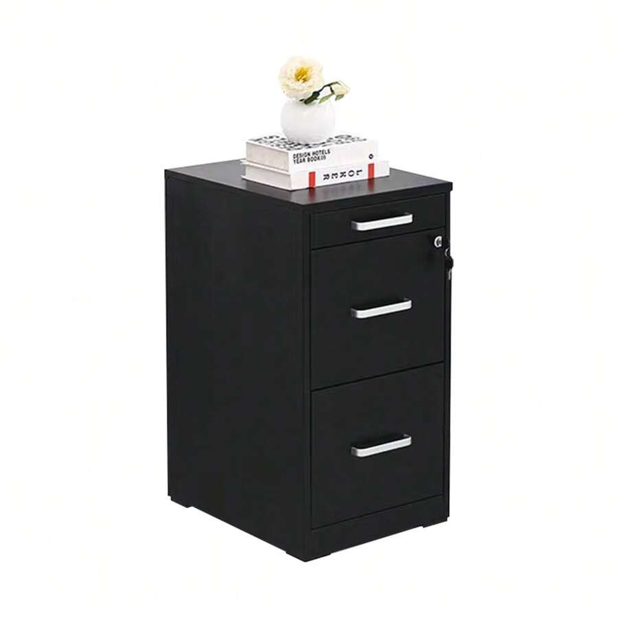 Mesita de noche para dormitorio con cerradura, mueble de almacenaje de tres cajones, mueble de almacenaje bajo negro de 45 cm de ancho - Negro - Ver 1