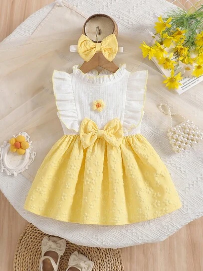 Đầm cổ tròn không tay thêu hoa trang trí nơ cho bé gái mới sinh kèm băng đô, thích hợp mặc thường ngày và dự tiệc