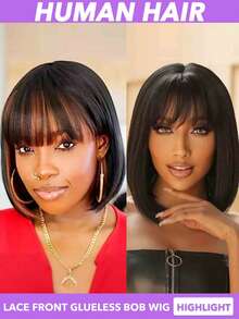 Black/Highlights Brown Colors Bob Wig With Bangs 3x1 Lace Frontal Human Hair Bob Wig Straight Short Bob Wigs For Black Women Human Hair Wear & Go Glueless Wig With Bangs 150% 200% Density 8 10 12 14 16 Inch Multicolor( Natural Black#1B #1B/30) - Multicolor - View 1