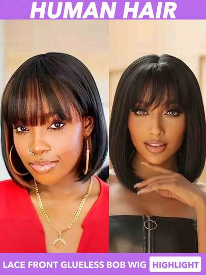Black/Highlights Brown Colors Bob Wig With Bangs 3x1 Lace Frontal Human Hair Bob Wig Straight Short Bob Wigs For Black Women Human Hair Wear & Go Glueless Wig With Bangs 150% 200% Density 8 10 12 14 16 Inch Multicolor( Natural Black#1B #1B/30)