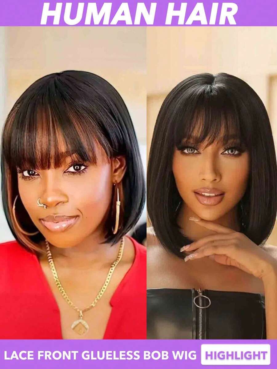 Black/Highlights Brown Colors Bob Wig With Bangs 3x1 Lace Frontal Human Hair Bob Wig Straight Short Bob Wigs For Black Women Human Hair Wear & Go Glueless Wig With Bangs 150% 200% Density 8 10 12 14 16 Inch Multicolor( Natural Black#1B #1B/30) - Multicolor - View 1