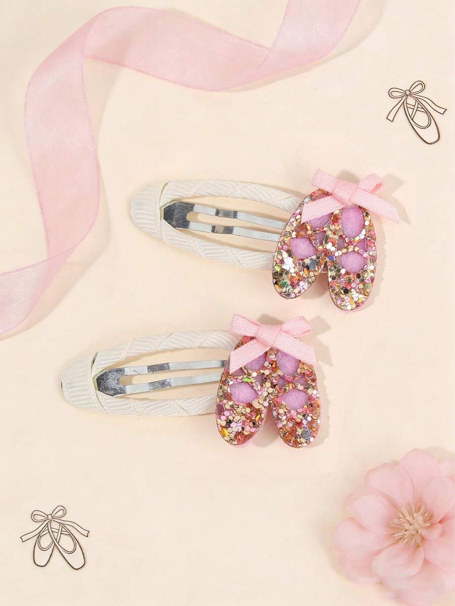 2pcs Ballet Shoe Hair Clips For Girls Sparkly Sequin Hair Bows Elegant Ballet Alligator Clips Exquisite Glitter Sequin Bow Barrettes Girls Daily Hairpins Clips Dance Themed Headpiece Teens Hair Accessories - Pink - View 1