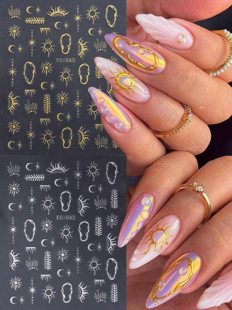 2张烫印美甲贴纸，星月图腾太阳系Y2K金银色太阳图案，背胶DIY美甲贴花 - 彩色 - 查看 1