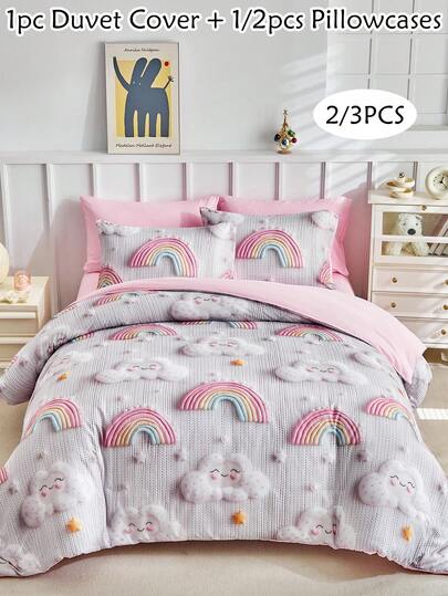 2/3pcs Cartoon Rainbow Sky Digital Print Bedding Set, Pink Cute Campus Style Bedroom Decor, Soft & Breathable, Machine Washable (1 Duvet Cover + 1/2 Pillowcase, Filler Not Included), Suitable For All Seasons
