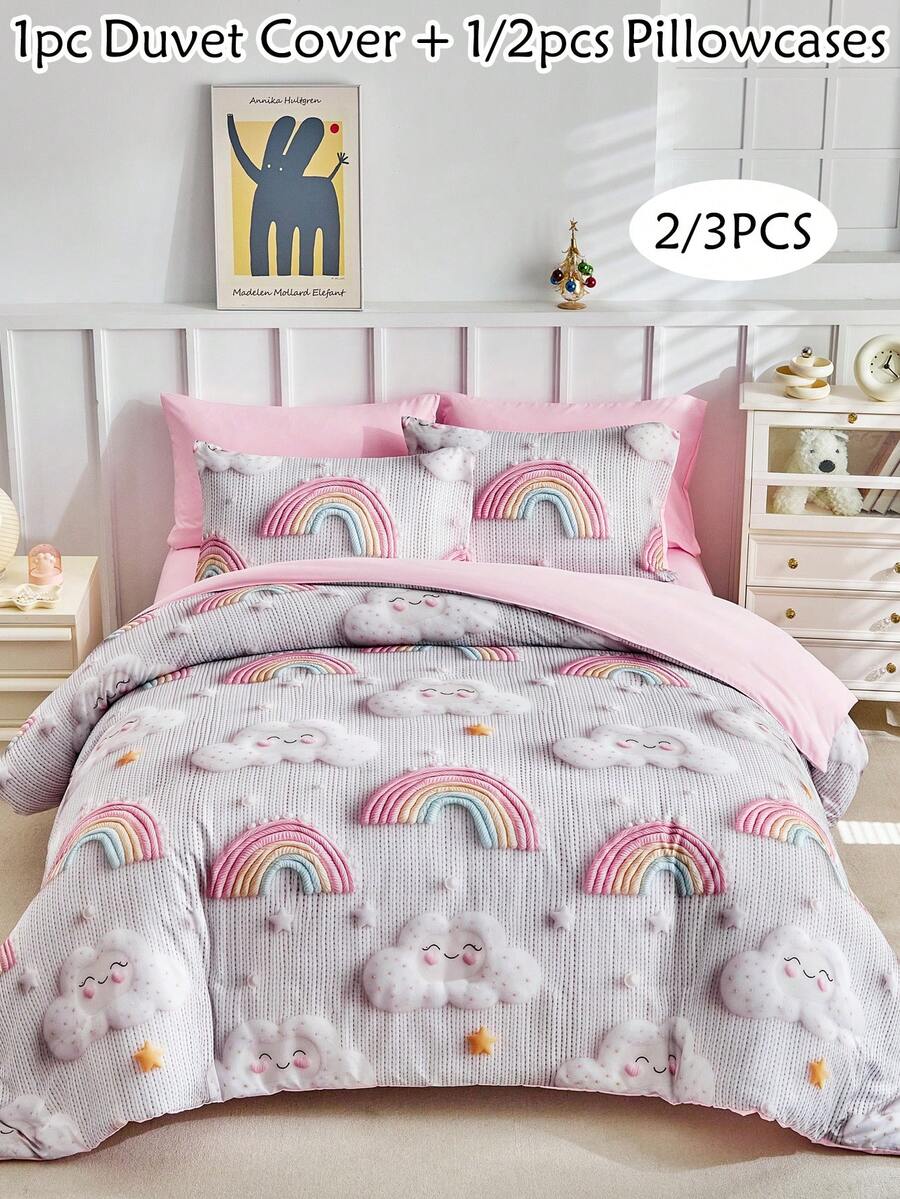 2/3pcs Cartoon Rainbow Sky Digital Print Bedding Set, Pink Cute Campus Style Bedroom Decor, Soft & Breathable, Machine Washable (1 Duvet Cover + 1/2 Pillowcase, Filler Not Included), Suitable For All Seasons - Multicolor - View 1