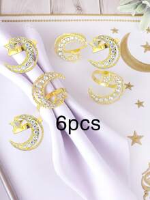 6pcs Rhinestone Hollow Star & Moon Gold Napkin Rings, Suitable For Holiday Table Decor, Banquet Napkin Holders, Minimalist Napkin Rings - Multicolor - View 8