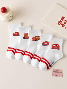 Disney 1/5双装迪士尼汽车卡通图案儿童中筒袜，黑白条纹，可爱迪士尼设计，时尚休闲透气学生袜，适合日常穿着、返校季、节日礼物 - 彩色 - 查看 2