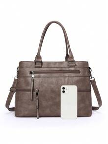 1 件女士纯色复古手提包，大容量托特包，带多个拉链口袋，防水 PU 双提手便携式户外休闲商务多功能单肩包，缝线防盗斜挎包 - 卡其色 - 查看 5