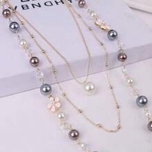 1件装时尚女士珍珠花朵项链，优雅多层毛衣链，百搭，适合外套、休闲和派对场合 - 6瓣花長項鍊 - 查看 5