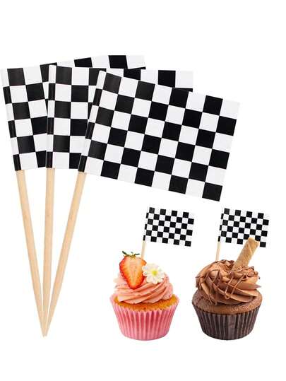 Black And White Checkered Racing Flag Toothpick Cake Decorations, These Black And White Checkered Cake Toppers Are Suitable For Cocktails, Food Decoration, And Mini Cupcake Decoration, Making Them Ideal For Celebrations, Sporting Events, And Party Supplies.