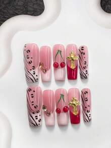 10片复古甜美少女风美甲凝胶套装，亚克力压制甲片，金色十字架，香槟色不对称钻石形美甲饰品，手绘3D红色樱桃，黑色豹纹和树枝美甲装饰，手工压制甲片 - 彩色 - 查看 10