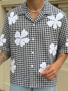 男士格子印花衬衫，宽松黑白格子上衣，方领领衬衫，街头风印花衬衫 - 彩色 - 查看 1