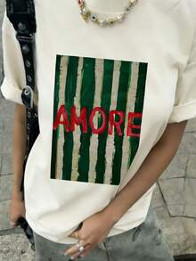 夏季新款简约时尚英文字母醒目条纹印花休闲圆领短袖T恤，百搭且适合女性穿着 - 杏色 - 查看 4