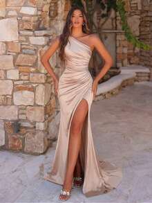 ADYCE_PROM Women's One Shoulder Ruched High Slit Bodycon Cocktail Maxi Dress, Suitable For Dancing/Prom - Apricot - View 6