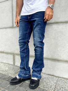 Men's Slim Fit Stretch Distressed Jeans, Casual Street Style, Suitable For All Seasons - Dark Wash - View 2
