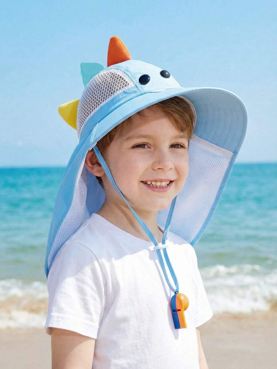Mũ chống nắng in hình khủng long cho bé sơ sinh/trẻ nhỏ/trẻ em, có dây rút điều chỉnh, mũ tai bèo hai mặt có còi, mũ vành rộng đi biển cho bé trai và bé gái, mùa xuân/hè. - 1PC - Xem 1