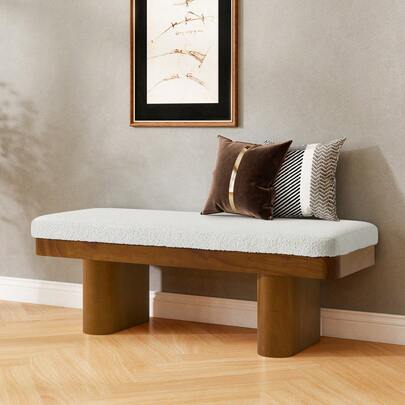 47.5"Wood Bed Bench Ottoman With Wooden Legs End Of Bed Bench Teddy Velvet Upholstery Entryway Bench For Bedroom Living Room