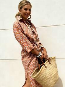 大码女士条纹印花衬衫裙，短袖翻领，腰部系带设计，下摆开衩，建议选择小一码，适合春夏日常办公穿着，优雅大方。 - 亮橙色 - 查看 3