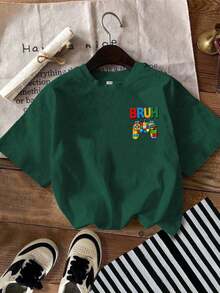 Camiseta de manga corta con cuello redondo y estampado de "BRUH" y control de juegos para niños, nueva ropa de primavera/verano para niños - Verde Oscuro - Ver 3