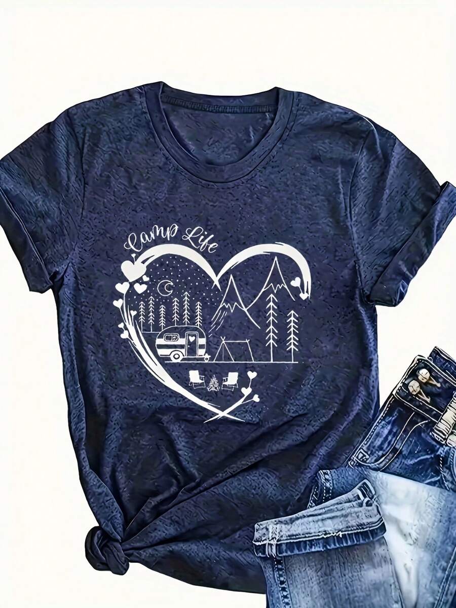 Women's Camp Life Graphic T-Shirt - Heart-Shaped Mountain & Camper Van Print, Casual Round Neck Short Sleeve Summer Top, Machine Washable Outdoor Adventure Tee, Leisure Clothing - 藏蓝色 - 查看 1