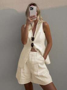 QIANZHIDU SUNSTORY 女士夏季优雅时尚纯色休闲度假风开领束腰背心短裤两件套，百搭实用，适合度假、外出、休闲穿着、下午茶聚会等场合。 - 杏色 - 查看 2