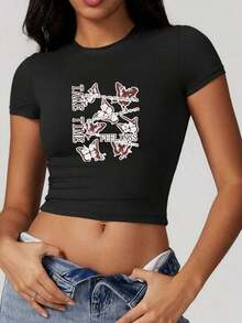 Y2K-Style Women's Cropped T-Shirt Top. Black Butterfly Print Slim Fit Short Sleeve T-Shirt - Black - View 6