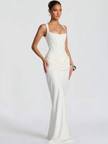 Women's Evening Dress Fashion Elegant Sexy Spicy Girl Style Waist Cinching Natural Pleated Pendant Feeling Suspender Sleeveless Hip Wrap Party Dress - 白色 - 查看 1