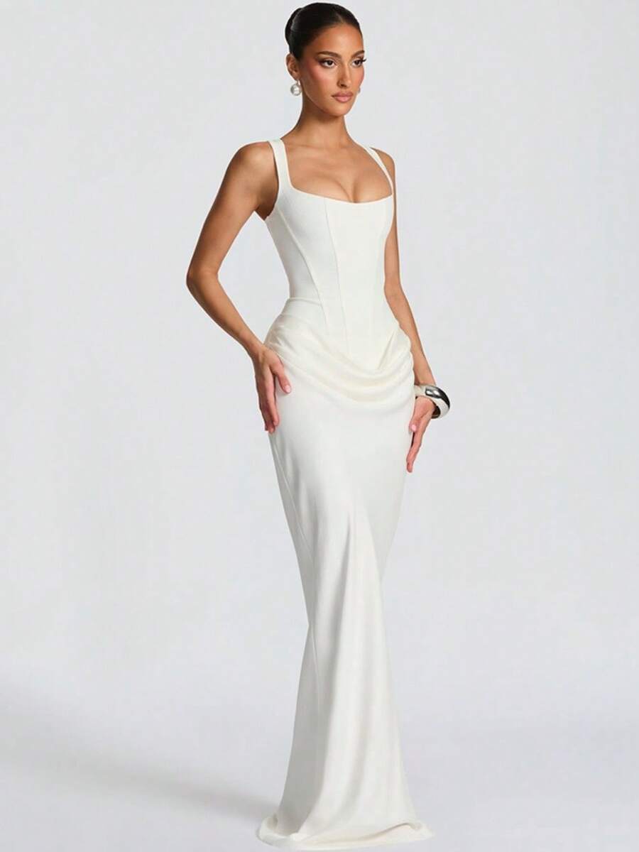Women's Evening Dress Fashion Elegant Sexy Spicy Girl Style Waist Cinching Natural Pleated Pendant Feeling Suspender Sleeveless Hip Wrap Party Dress - 白色 - 查看 1