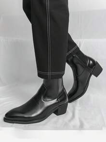 Men's Retro High Heel Chelsea Ankle Boots, Pointed Toe Shiny Leather Casual Business Dress Elevator Shoes - G809-6 Black - View 6