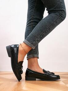 女士乐福鞋，圆头流苏平底乐福鞋，户外复古一脚蹬鞋，女鞋，休闲鞋 - 黑色 - 查看 3