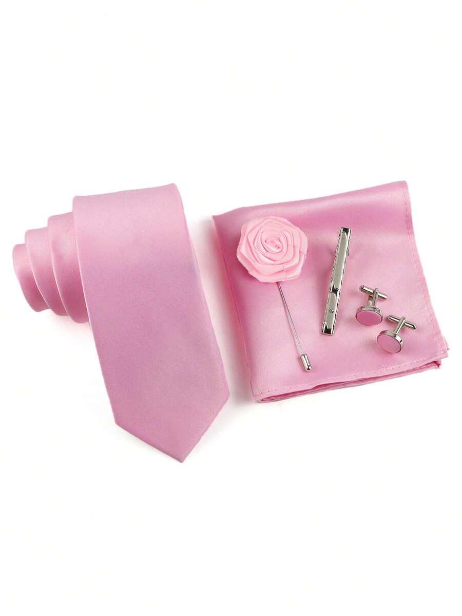 ZONFAZ 5pcs/Set Men's Business Formal Tie & Handkerchief & Cufflinks & Lapel Pin & Tie Clip Combo Suit, Wedding & Party Essentials,Accessories,Festival,Graduation Gift,Accessories - Baby Pink - View 1