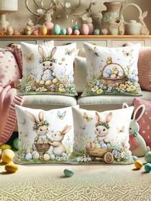 4pcs Easter Bunny & Egg Floral Decorative Pillow Covers | Cute & Interesting Blue & Green Soft Comfortable Pillow Shams, Single-Sided Printed, Suitable For Spring Living Room Bedroom Sofa Bed Decor, Polyester Material Machine Washable - Apricot - View 4