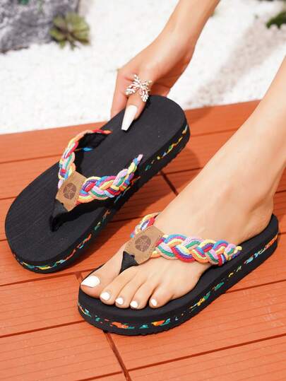 Sandalias tipo chanclas ligeras y coloridas para mujer con correa trenzada, sandalias negras elegantes, calzado casual cómodo para exteriores, vacaciones, primavera/verano
