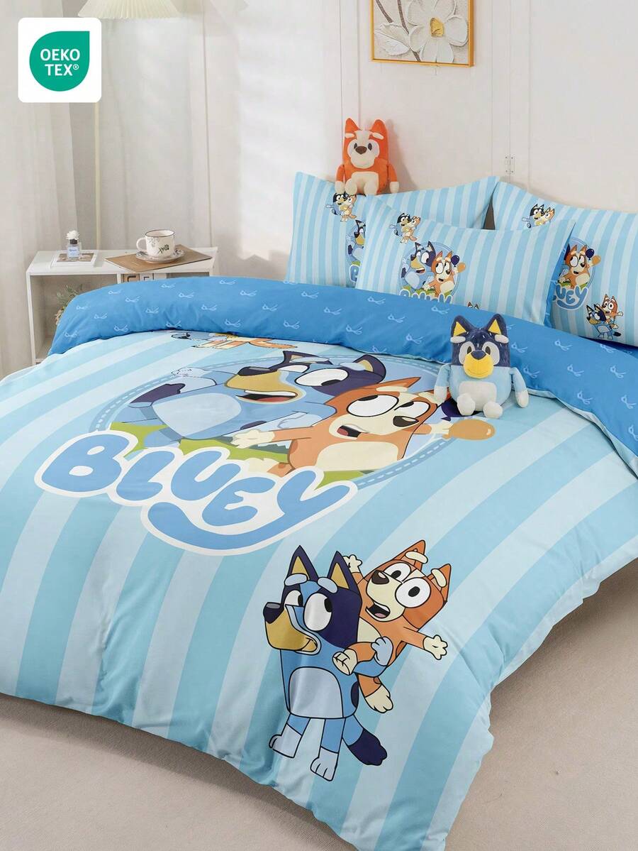 Bluey Bộ chăn ga gối Brui 2/3 món, Chăn ga gối Brui, Bộ chăn ga gối thoải mái và thoáng khí, Thân thiện với da, Bộ vỏ chăn họa tiết hoạt hình, Mềm mại và không bị xù lông, Vải dệt gia dụng đáng yêu, Vỏ chăn và vỏ gối tông màu mát mẻ, Không kèm chăn bông, Phù hợp với giường đơn, đôi, cỡ Queen, cỡ King, Sử dụng được cả bốn mùa