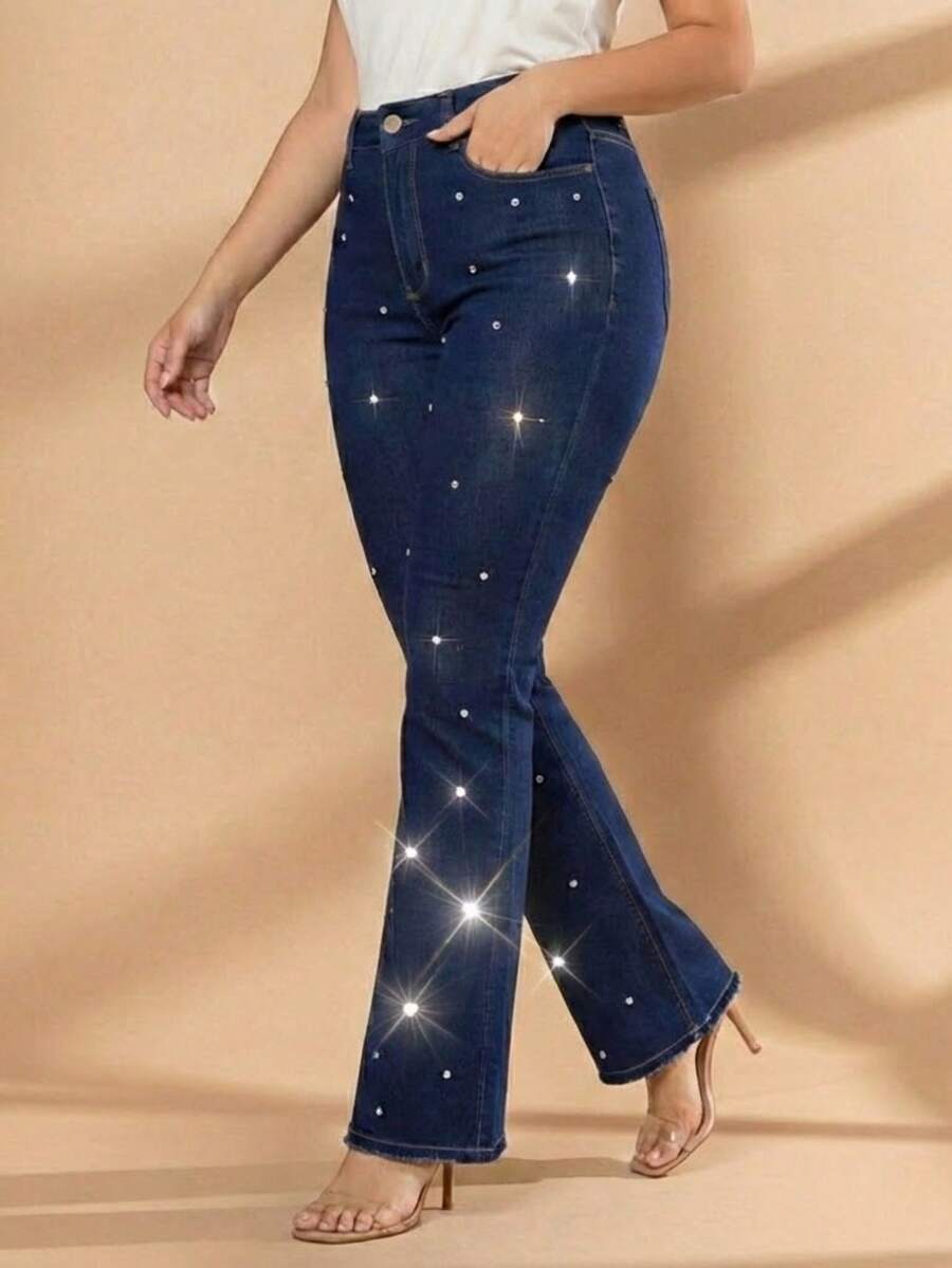 pthirillo Women's Dark Blue Flare Jeans With Butt-Lifting, High Waist, And Rhinestone Detail - Premium Rhinestone Jeans - 水鑽圓點 - 查看 1