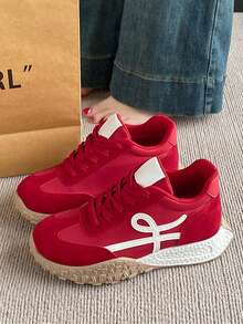 Women's Casual Sneakers, New Thick Sole Anti-Slip Comfortable Sports Shoes, High-Top Round Toe Lace-Up Comfortable Shoes, Mid-Top Round Toe Lace-Up Comfortable Outdoor Sports & Leisure Shoes, Comfortable Women's Training Shoes - Red - View 5