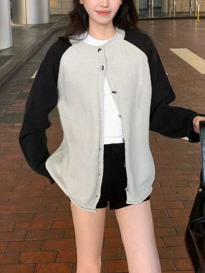 Casual Color Block Knit Cardigan For Women, Long Sleeve Grey Sweater Jacket With Collegiate Vibe