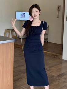 Y6Y French Blue Women's Spring/Summer Sexy Slim Fit Mid-Length Square Neck Dress - Blue - View 8