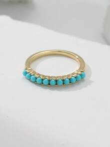 复古风宽铜戒指，镶嵌合成绿松石，波西米亚风格女士戒指，适合日常佩戴 - 金色 - 查看 4