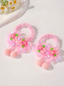 2个装 女孩可爱粉色花朵绒球发圈 - 粉色 - 查看 8