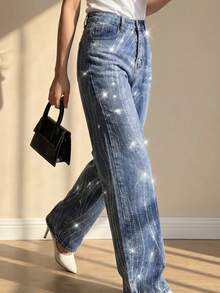 2026春季女式高腰喇叭水钻牛仔裤，时尚蓝色阔腿亮面牛仔裤，适合夜店和外出穿着，Y2K美学 - 中等水洗藍 - 查看 2