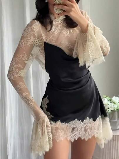 فستان نسائي أنيق من الدانتيل والرقعة، أكمام متسعة، فساتين قصيرة بتباين الألوان، أنيق وأنيق لحفلات المساء، أسود، ربيعي