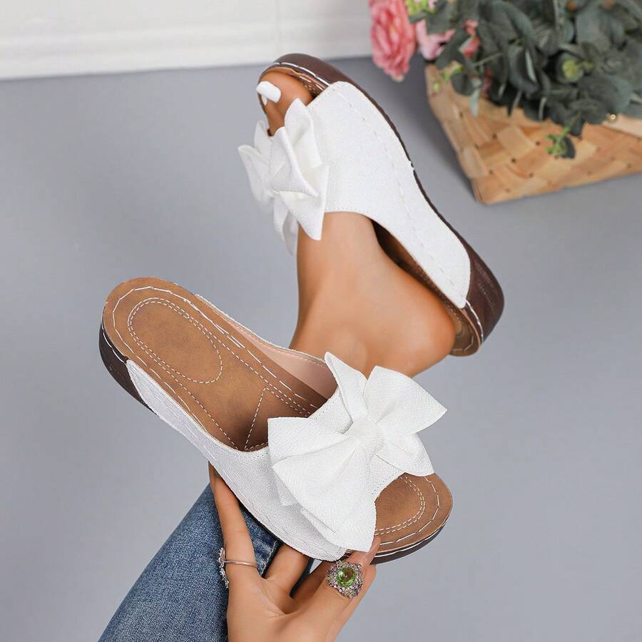 Women's Elegant Sandals With Bowknot, Thick Wedge Heel, Comfortable Versatile Beach Vacation Sandals, Fashionable Slides - White - View 1